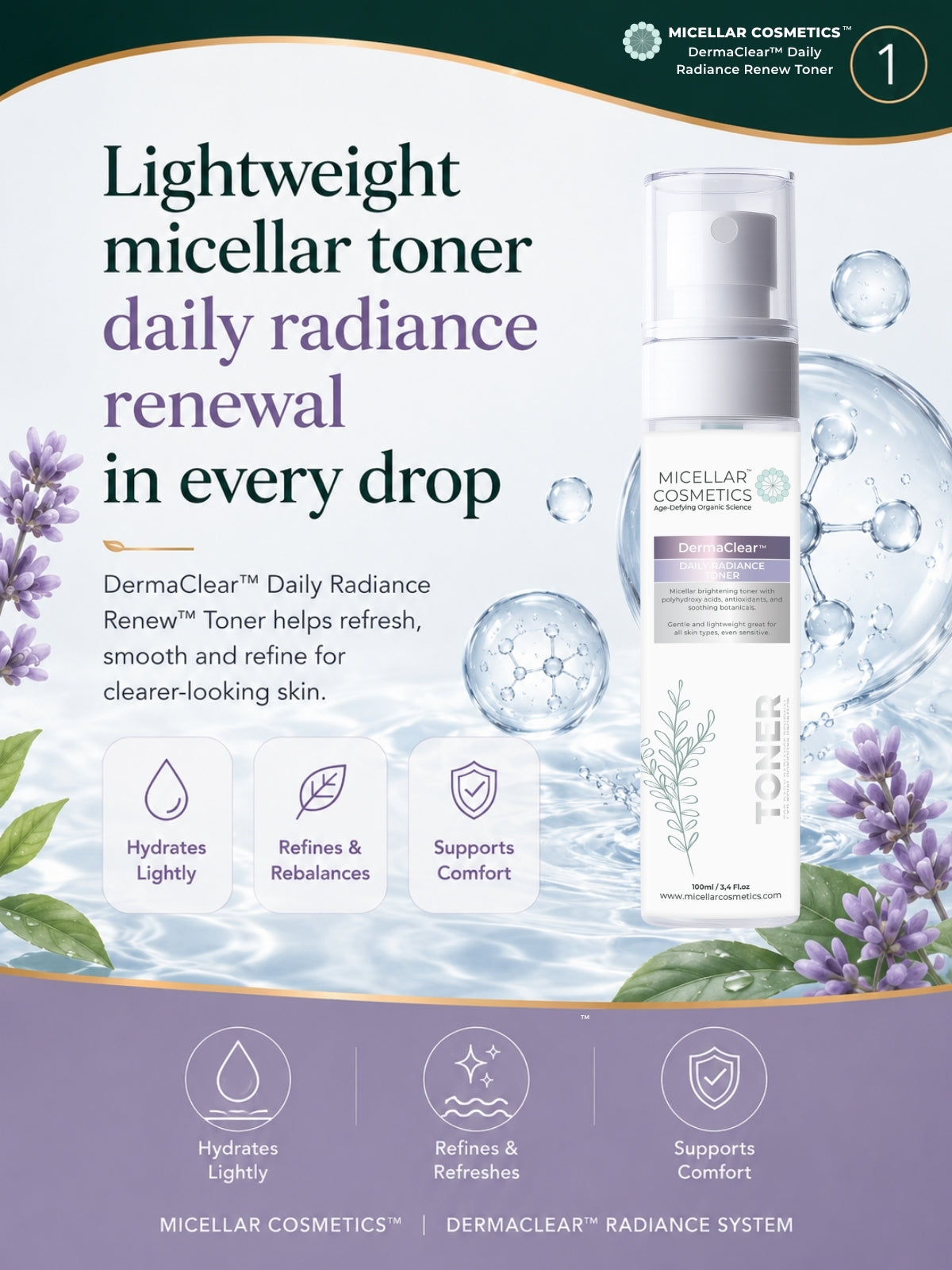 Micellar Cosmetics™ | DermaClear™ Daily Radiance Renew Toner | Micellar Water